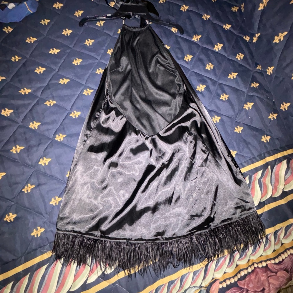 Elegant Black Satin Halter Dress with Fringe